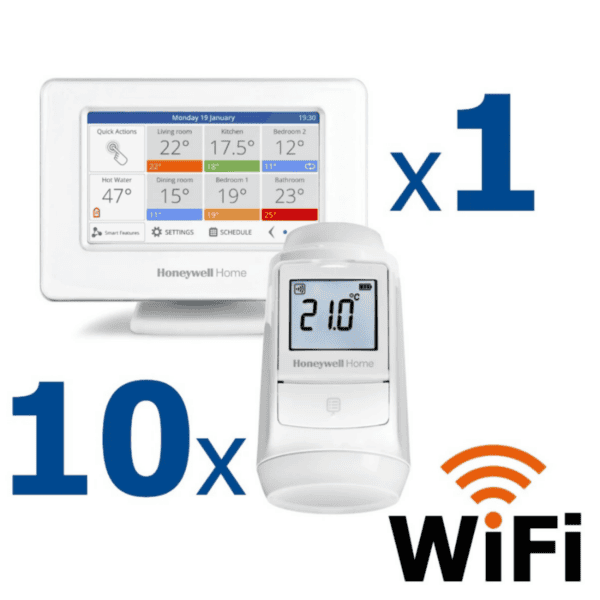 Kit termostat de ambient si 10 capete termostat smart pentru calorifer Honeywell Home, Wi-Fi, control de la distanta, siguranta pentru copii, detectare fereastra deschisa, protectie la inghet, afisaj digital