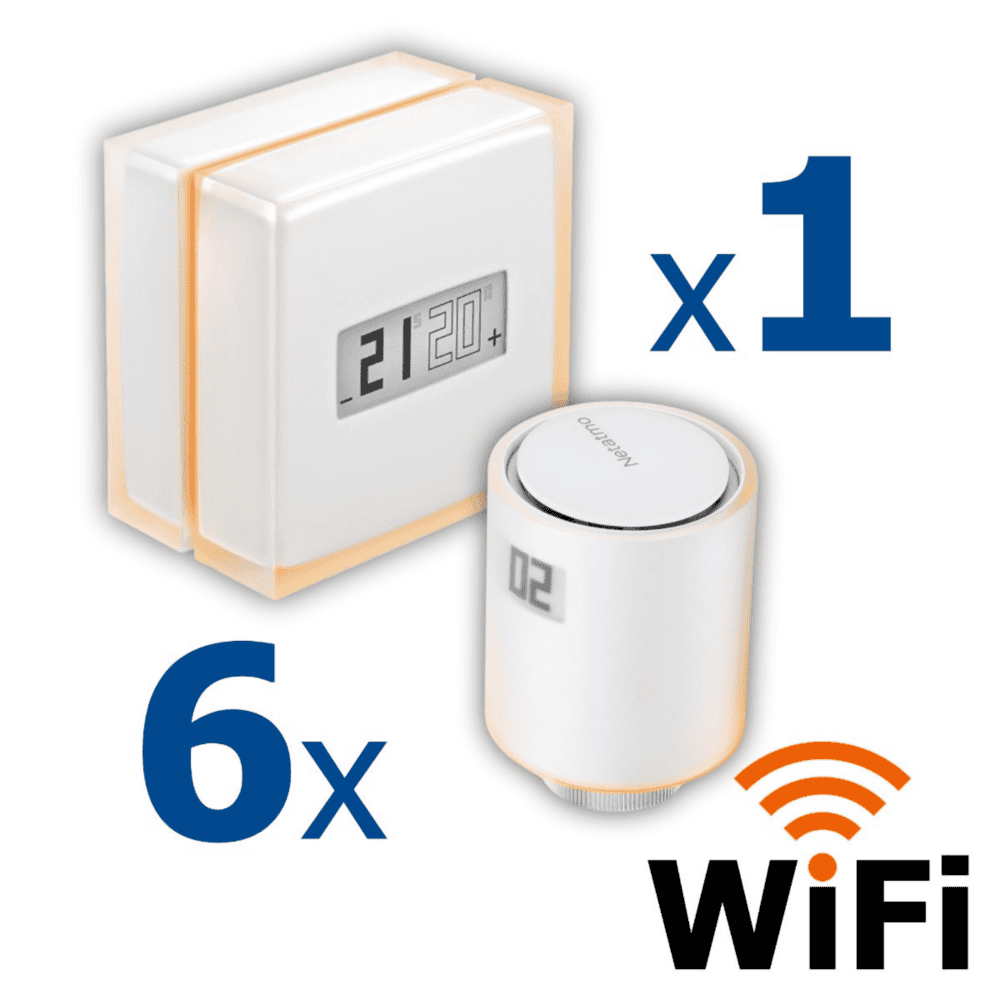 Kit termostat de ambient si 6 capete termostat smart pentru calorifer Netatmo, WI-FI, cu afisaj digital LCD, compatibile cu IOS sau Android, control de la distanta, detectare fereastra deschisa, programabil