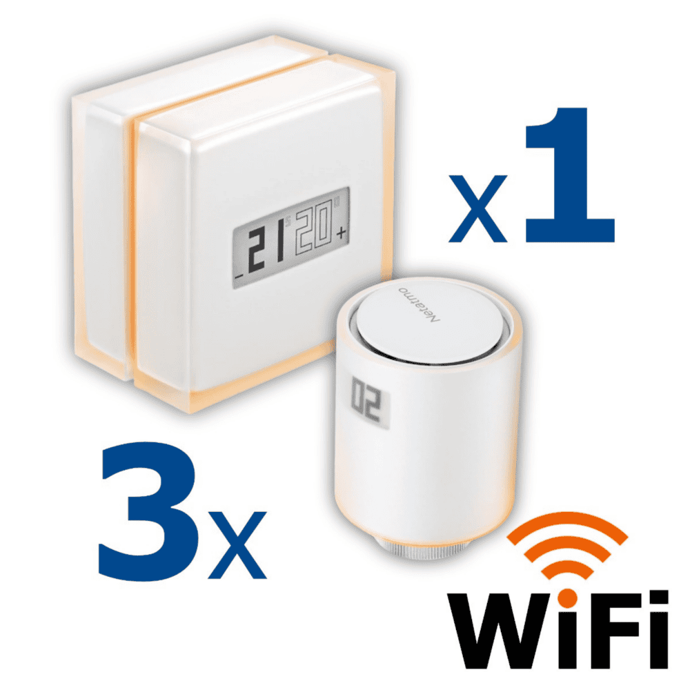 Kit termostat de ambient si 3 capete termostat smart pentru calorifer Netatmo, WI-FI, cu afisaj digital LCD, compatibile cu IOS sau Android, control de la distanta, detectare fereastra deschisa, programabil