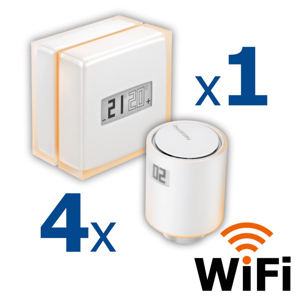 Kit termostat de ambient si 4 capete termostat smart pentru calorifer Netatmo, WI-FI, cu afisaj digital LCD, compatibile cu IOS sau Android, control de la distanta, detectare fereastra deschisa, programabil