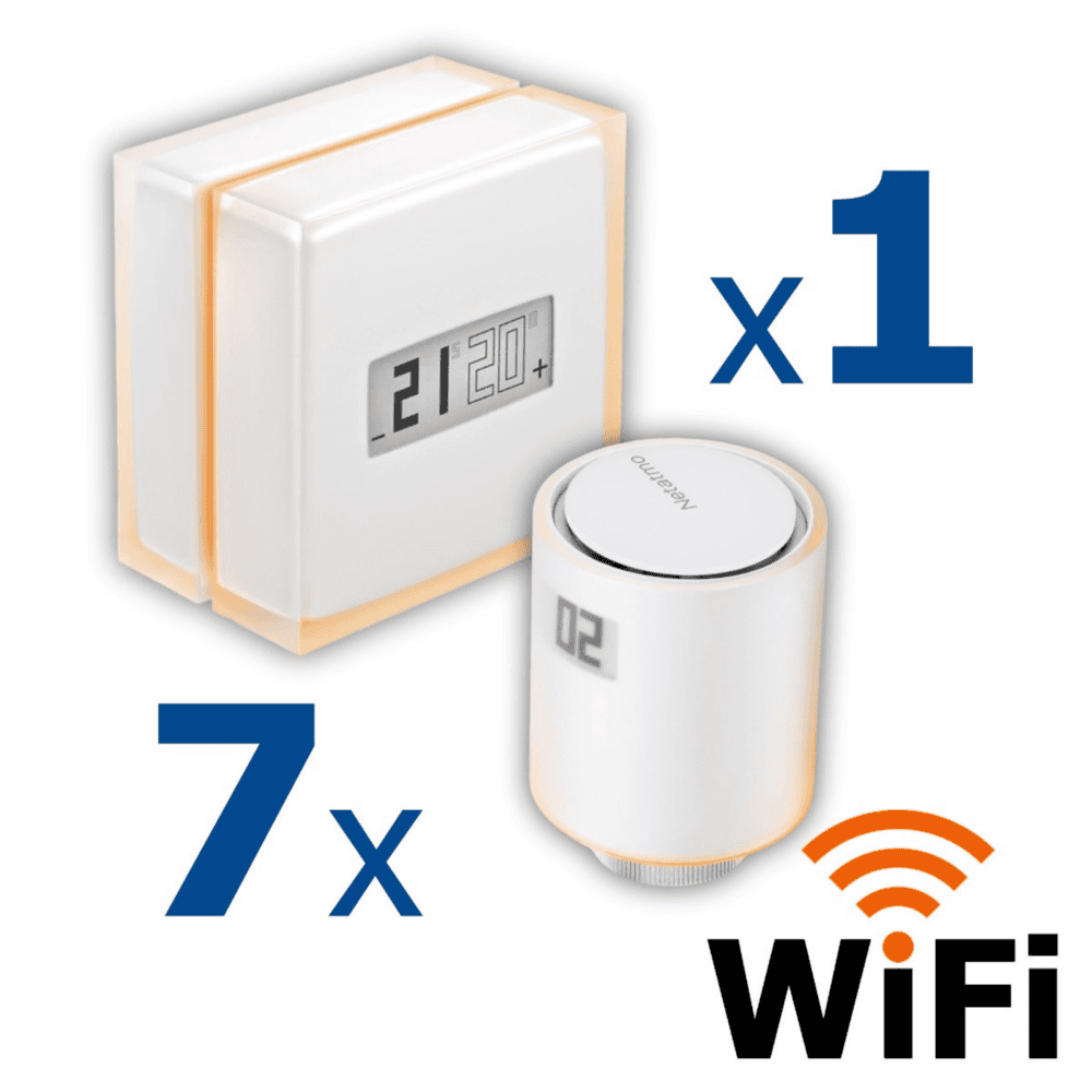 Kit termostat de ambient si 7 capete termostat smart pentru calorifer Netatmo, WI-FI, cu afisaj digital LCD, compatibile cu IOS sau Android, control de la distanta, detectare fereastra deschisa, programabil