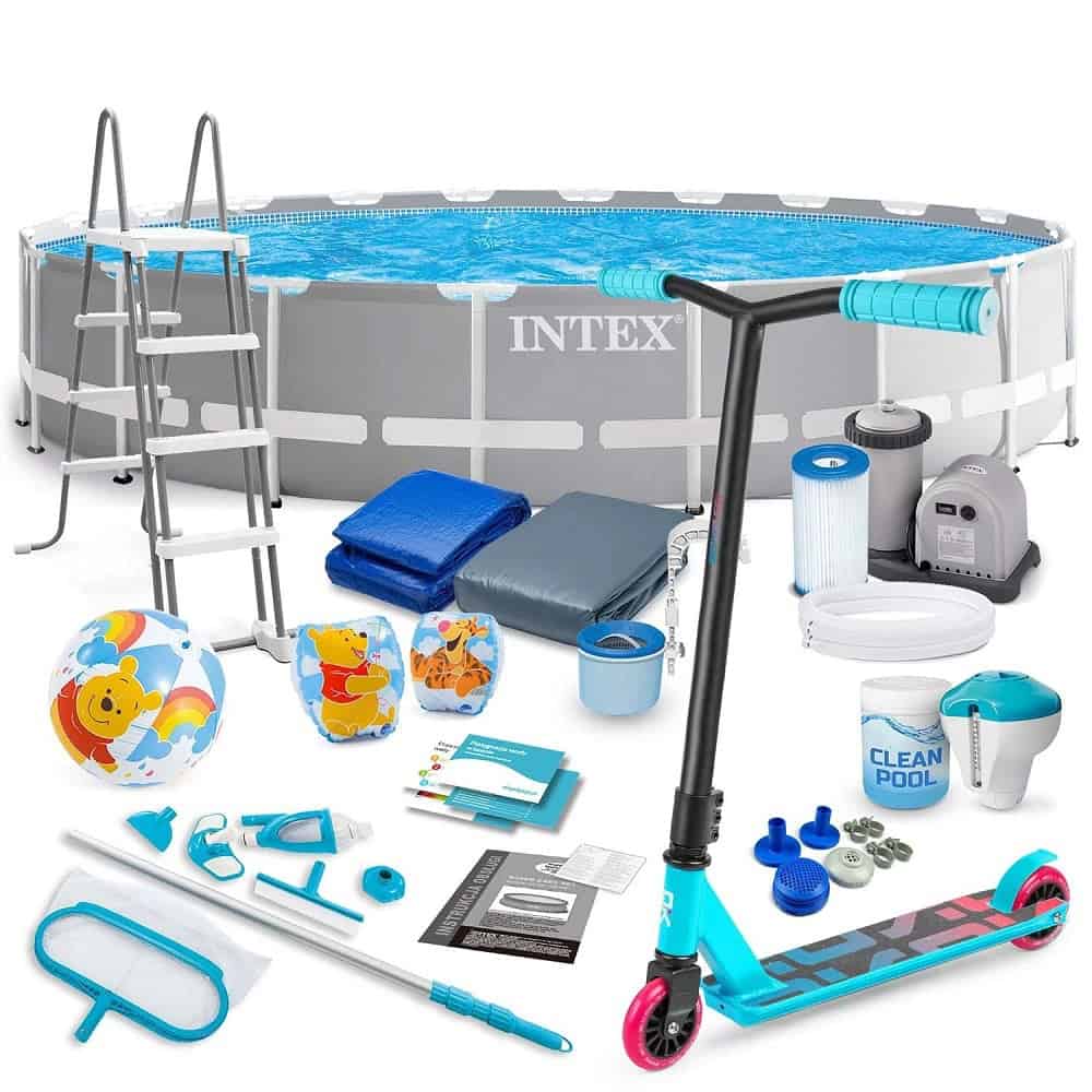 Piscina cu cadru, material PVC durabil cu 3 straturi, pompa de filtru, scara metalica sigura, prelata si folie, rotunda, kit de curatare, aspirator, skimmer, 32695 litri, 610 x 132 cm, gri ​