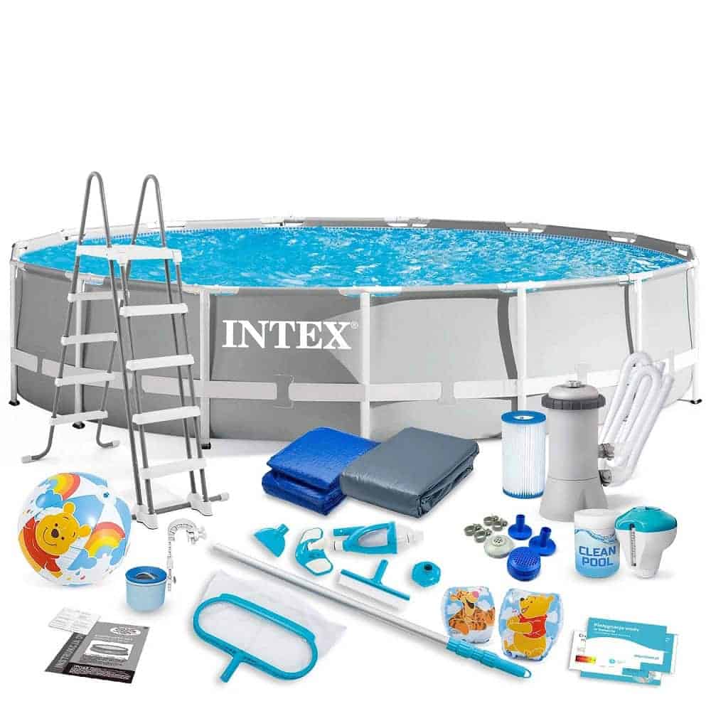 ​Piscina cu cadru, material PVC durabil cu 3 straturi, pompa de filtru, scara metalica, prelata si folie, skimmer, kit de curatare cu aspirator, rotunda, 14614 litri, 457 x 107 cm