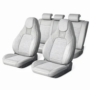 Set huse scaune auto Premium, model BLAZE Luxor, design Sportiv,  universale, ergonomice, Piele Ecologica cu insertii textile, culoare Crem/Gri