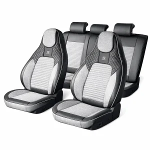 Set huse scaune auto Premium, model BLAZE Prime, design Sportiv,  universale, ergonomice, Piele Ecologica cu insertii textile, culoare Negru/Gri