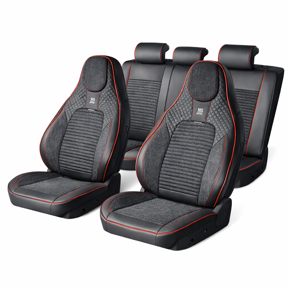 Set huse scaune auto Premium, model BLAZE Torque, design Sportiv,  universale, ergonomice, Piele Ecologica cu insertii textile, culoare Negru/Rosu