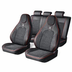 Set huse scaune auto Premium, model BLAZE Torque, design Sportiv,  universale, ergonomice, Piele Ecologica cu insertii textile, culoare Negru/Rosu