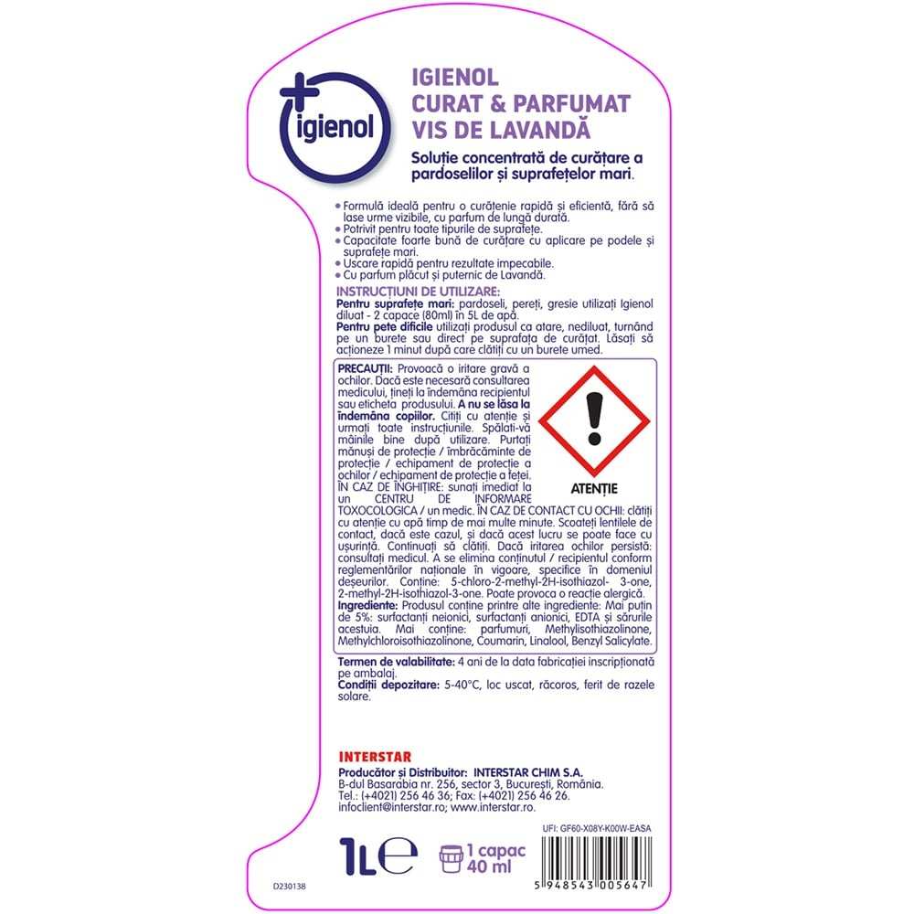 Solutie pardoseli Igienol, lichid, antibacterian, curat si parfumat, 1L, lavanda