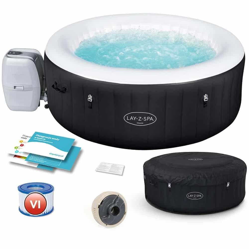 ​Piscina gonflabila, Lay-Z Miami Bestway, pompa de filtrare incorporata, prelata, 4 persoane, apa incalzita la 40°, sistem inovator AirJet™, panou de control, 669 l, 180 x 66 cm