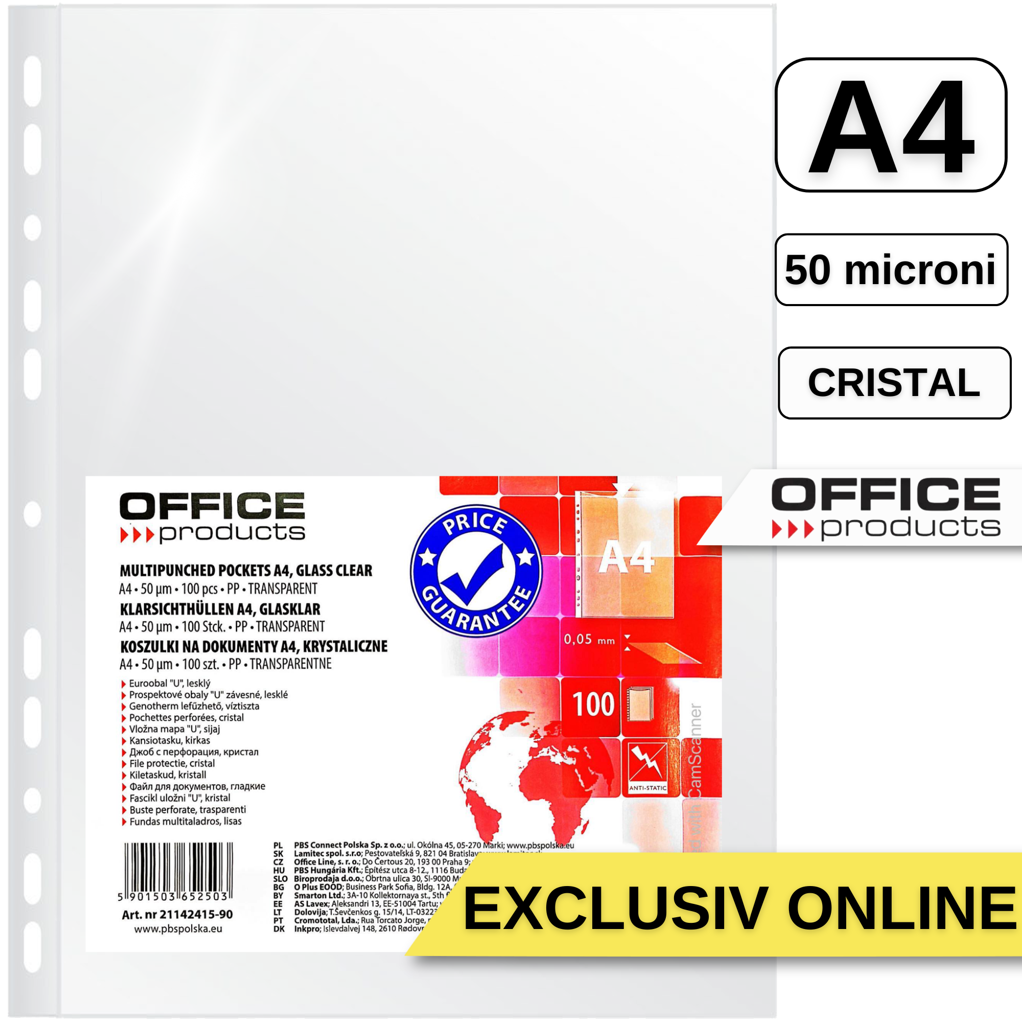File protectie cristal, 50 microni, 100 buc/set, A4, OFFICE PRODUCTS