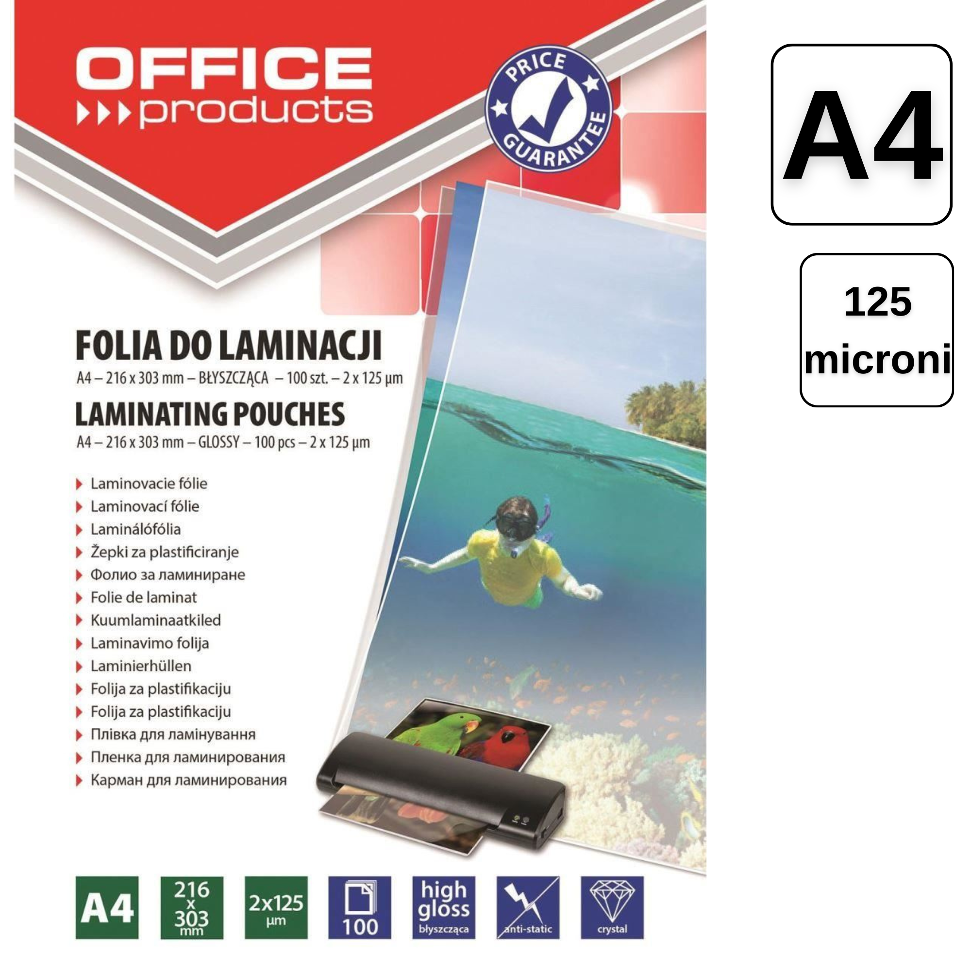 Folie laminare A4, 125 microni, 100 buc/top, OFFICE PRODUCTS