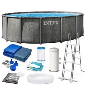 Piscina supraterana cadru metalic rotunda Intex, 457x122 cm, capacitate 16805 litri, pompa filtru cartus 3785 l/h, scara balustrada antiderapanta, prelata protectie, covor sol, liner PVC 3 straturi, asamblare rapida 45 min, Albastru