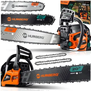 Drujba Benzina Humberg, Motor 2 Timpi 58 cm3 / 2.3 kW, Sina max 50 cm, Set 2 Sine de ghidaj 16" si 20" + Husa Lant Inclusa