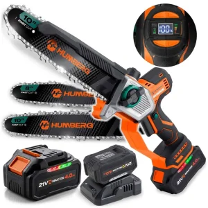 Fierastrau de ramuri cu acumulator Humberg, motor fara perii 850W, 4Ah 21V, 2 sine ghidare 8 + 10 inch, 2 lanturi, ungere automata, tensionare rapida, 5 kg