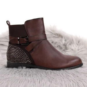 Botine de dama, cu talpa joasa, decorate cu pietre si barete SH526-BROWN