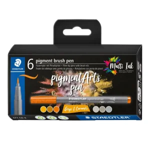 Marker cu varf pensula STAEDTLER Pigment Arts Pen Greys & Caramels, 6 culori/set