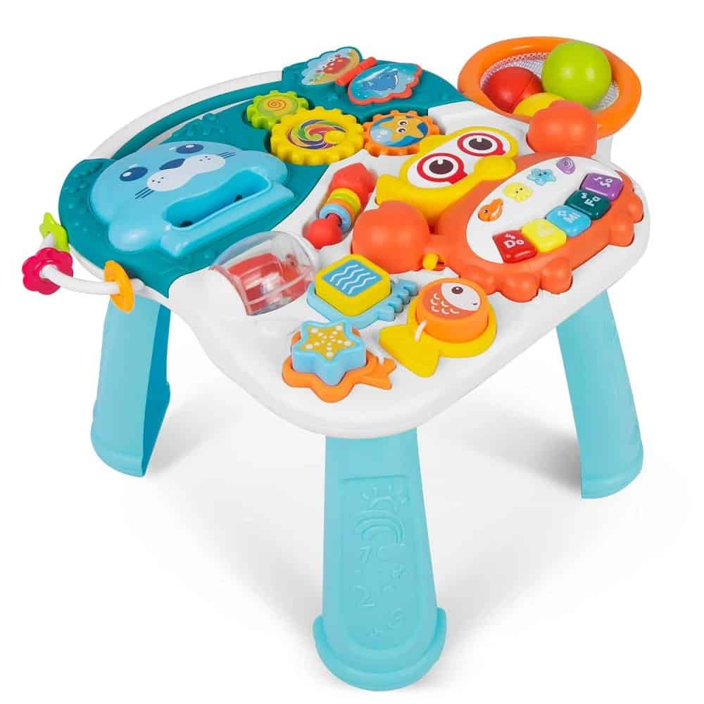 Antemergator 2 in 1 , cu masa si tabla educationala, pian detasabil, cos cu mingi, alb si albastru, 42 x 42 x 50,5 cm 2