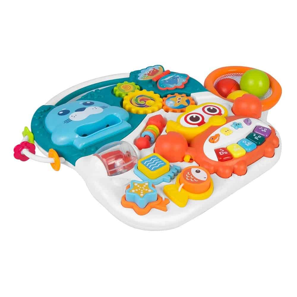 Antemergator 2 in 1 , cu masa si tabla educationala, pian detasabil, cos cu mingi, alb si albastru, 42 x 42 x 50,5 cm 6