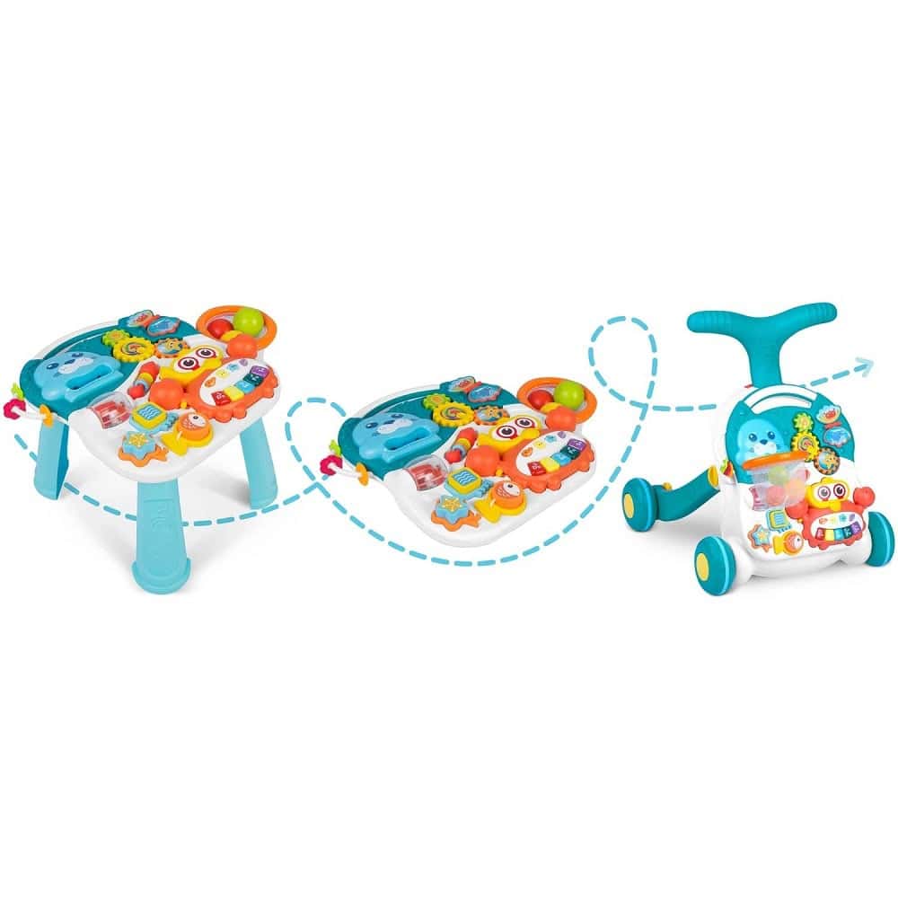 Antemergator 2 in 1 , cu masa si tabla educationala, pian detasabil, cos cu mingi, alb si albastru, 42 x 42 x 50,5 cm 9