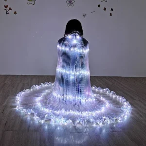 Aripi de dans fluture DacEnergy©, pentru spectacol, cu Led, stralucitoare, buton on/of, 300x145 cm, alb