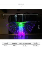 Aripi de dans fluture DacEnergy©, pentru spectacol, cu Led, 360 de grade,  2 bete extensibile, 145x300 cm, 3 culori, verde, albastru si mov