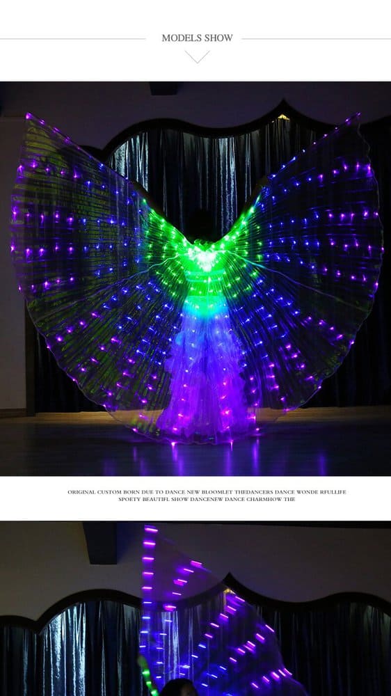 Aripi de dans fluture DacEnergy©, pentru spectacol, cu Led, 360 de grade,  2 bete extensibile, 145x300 cm, 3 culori, verde, albastru si mov 6