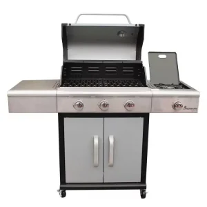 ​Gratar cu gaz , fabricat din inox, 3 arzatoare, 3,5kw, termometru pozitionat pe capac, aprindere PIEZO, suprafata de gatit 65 x 44 cm, dulap cu 2 usi