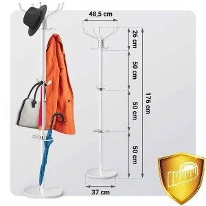 Cuier pentru hol DacEnergy©, structura metalica din otel, baza de marmura, elegant, solid, 176 cm, suport umbrela, 14 carlige, alb