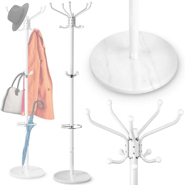 Cuier pentru hol DacEnergy©, structura metalica din otel, baza de marmura, elegant, solid, 176 cm, suport umbrela, 14 carlige, alb 5