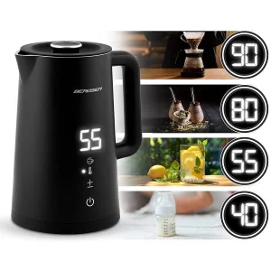 Fierbator electric, interiorul din otel inoxidabil, display iluminat din spate cu panou tactil, capac detasabil, baza pivotanta 360°, 1850-2200 W, 1, 7 l, negru