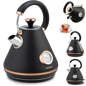 Fierbator electric, carcasa metalica, cu capac detasabil, baza pivotanta 360°, indicator de temperatura, 1850-2200 W, 1.7 litri, finisaj mat, negru si auriu