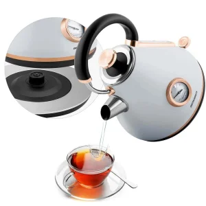 Fierbator electric, carcasa metalica, cu capac detasabil, baza pivotanta 360°, indicator de temperatura, 1850-2200 W, 1.7 litri, finisaj mat, gri si auriu