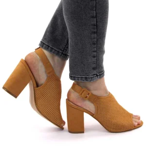 ​Sandale de dama, perforate, cu toc gros si inalt 922-CAMEL