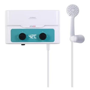 ​Incalzitor instant de apa Atmor Multi Digital, electric, pentru dus, 3 trepte incalzire, 2, 3.5, 5.5 kW, furtun, para dus, suport, IP24, protectie supraincalzire, 300 x 180 x 110 mm, alb si turqoise