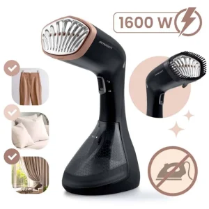 Aparat de calcat vertical cu abur, iesire de abur cu o putere de 26 g/min, recipient 230 ml, atasament pentru perie, 1600 W, 220 - 240 V, negru
