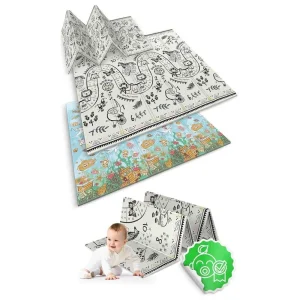 Covoras pliabil din spuma, doua fete, izolare termica, model frumos, unic, ocean si jungla, 200 x 180 x 1 cm, albastru si gri deschis