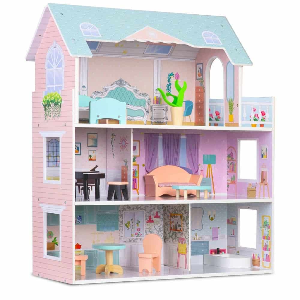 ​Casuta de papusi , din lemn si placa MDF, cu 3 etaje, 12 piese de mobilier, 5 camere si terasa, 70 x 60 x 24 cm, roz 3