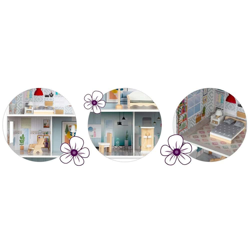 ​Casuta de papusi , din lemn si placa MDF, cu 3 etaje, 11 piese de mobilier, dus, dulap, lampa, fotoliu, 5 camere si terasa, aranjamente interesante, 70 x 60 x 24 cm, albastru 2