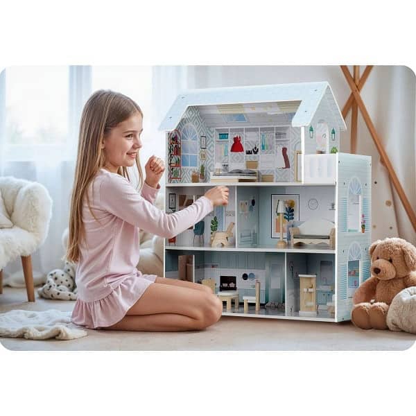 ​Casuta de papusi , din lemn si placa MDF, cu 3 etaje, 11 piese de mobilier, dus, dulap, lampa, fotoliu, 5 camere si terasa, aranjamente interesante, 70 x 60 x 24 cm, albastru 3