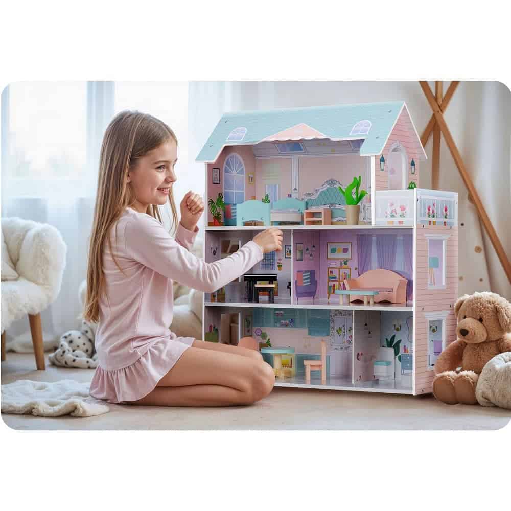 ​Casuta de papusi , din lemn si placa MDF, cu 3 etaje, 12 piese de mobilier, 5 camere si terasa, 70 x 60 x 24 cm, roz 4