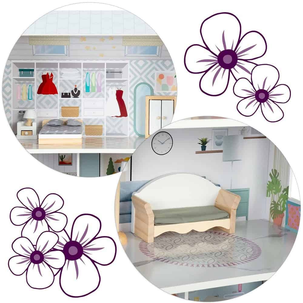 ​Casuta de papusi , din lemn si placa MDF, cu 3 etaje, 11 piese de mobilier, dus, dulap, lampa, fotoliu, 5 camere si terasa, aranjamente interesante, 70 x 60 x 24 cm, albastru 4