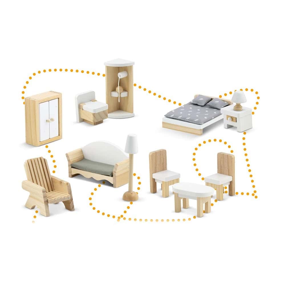 ​Casuta de papusi , din lemn si placa MDF, cu 3 etaje, 11 piese de mobilier, dus, dulap, lampa, fotoliu, 5 camere si terasa, aranjamente interesante, 70 x 60 x 24 cm, albastru 5