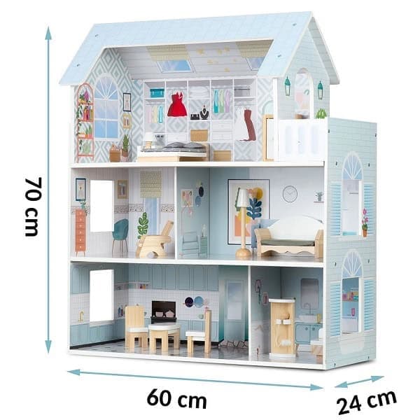 ​Casuta de papusi , din lemn si placa MDF, cu 3 etaje, 11 piese de mobilier, dus, dulap, lampa, fotoliu, 5 camere si terasa, aranjamente interesante, 70 x 60 x 24 cm, albastru 6