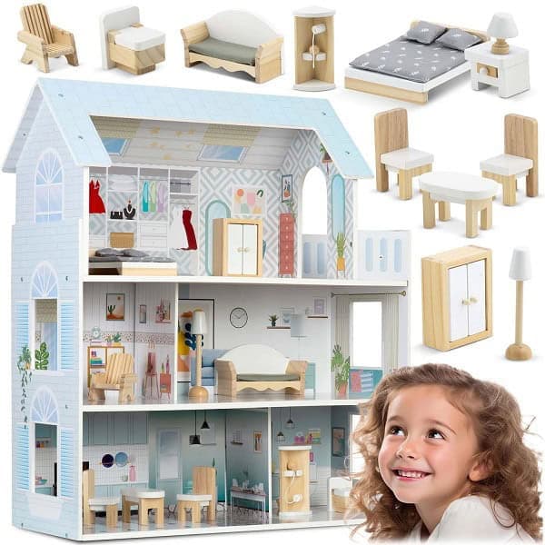 ​Casuta de papusi , din lemn si placa MDF, cu 3 etaje, 11 piese de mobilier, dus, dulap, lampa, fotoliu, 5 camere si terasa, aranjamente interesante, 70 x 60 x 24 cm, albastru 7