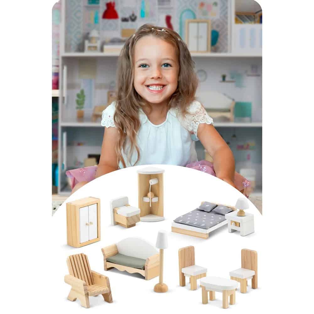 ​Casuta de papusi , din lemn si placa MDF, cu 3 etaje, 11 piese de mobilier, dus, dulap, lampa, fotoliu, 5 camere si terasa, aranjamente interesante, 70 x 60 x 24 cm, albastru 8