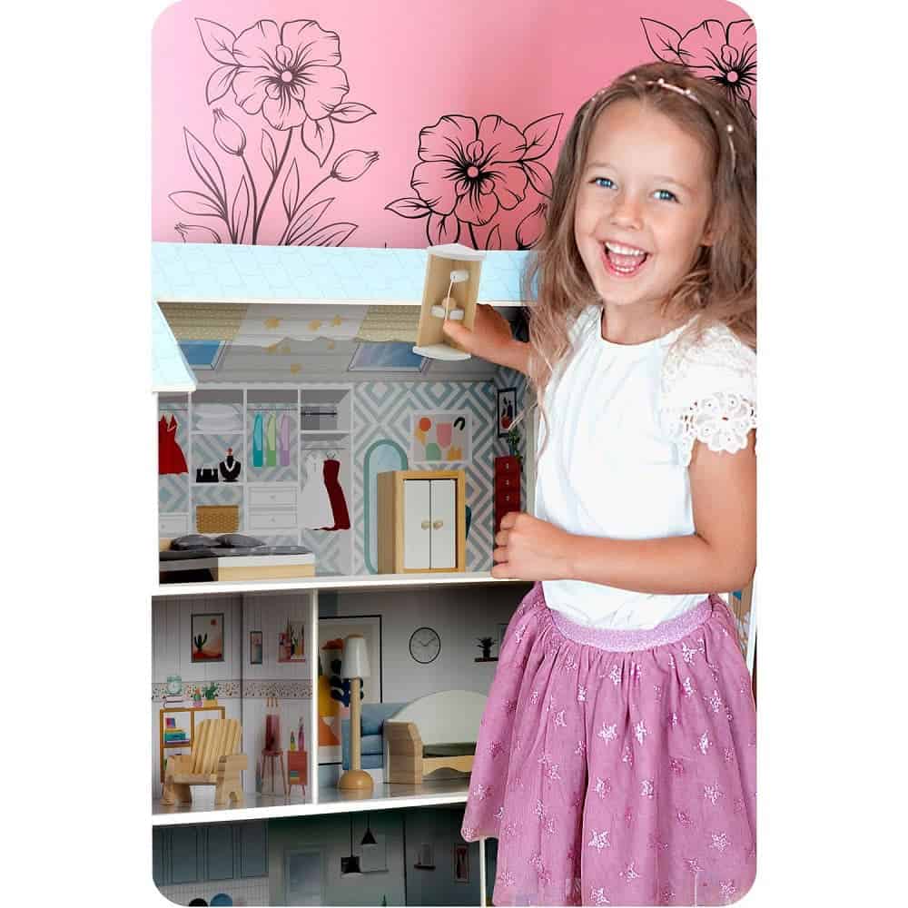 ​Casuta de papusi , din lemn si placa MDF, cu 3 etaje, 11 piese de mobilier, dus, dulap, lampa, fotoliu, 5 camere si terasa, aranjamente interesante, 70 x 60 x 24 cm, albastru 9