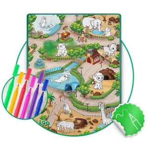​Spatiu de joaca 2 in 1, covoras din spuma si carte de colorat, asigura izolare termica fata de sol, textura anti-alunecare, model frumos cu animale de la Zoo, 120 x 90 cm, verde