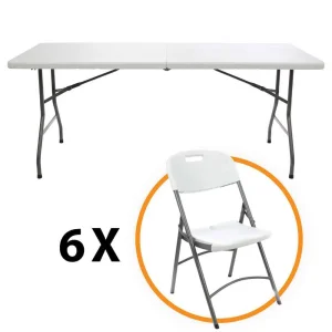 Set mobilier gradina DacEnergy©, structura cadru otel, cu masa dreptunghiulara si 6 scaune, culoare alb