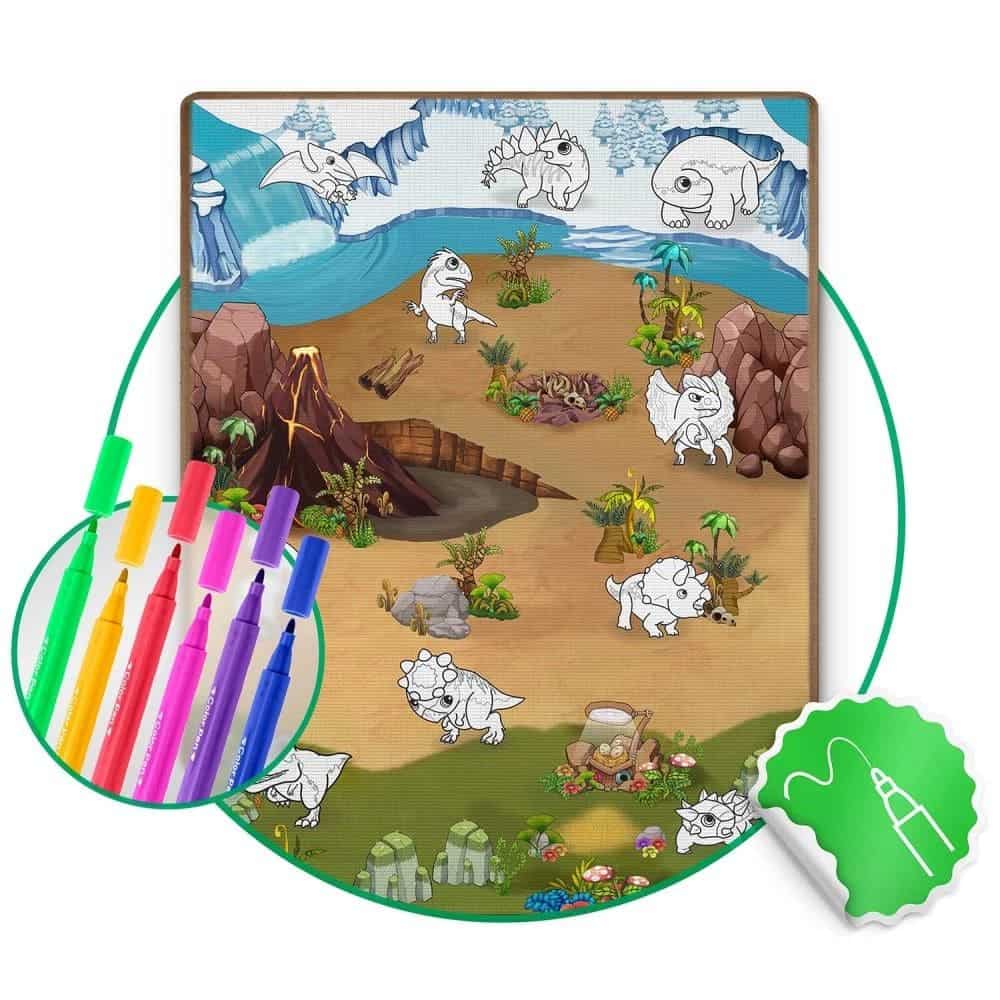 Spatiu de joaca 2 in 1, covoras din spuma si carte de colorat, asigura izolare termica fata de sol, textura anti-alunecare, model frumos cu dinozauri, 120 x 90 cm, verde si maro 3