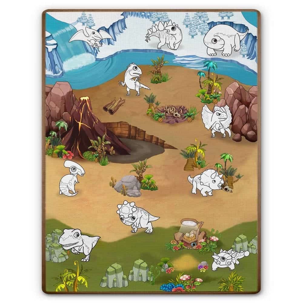 Spatiu de joaca 2 in 1, covoras din spuma si carte de colorat, asigura izolare termica fata de sol, textura anti-alunecare, model frumos cu dinozauri, 120 x 90 cm, verde si maro 4